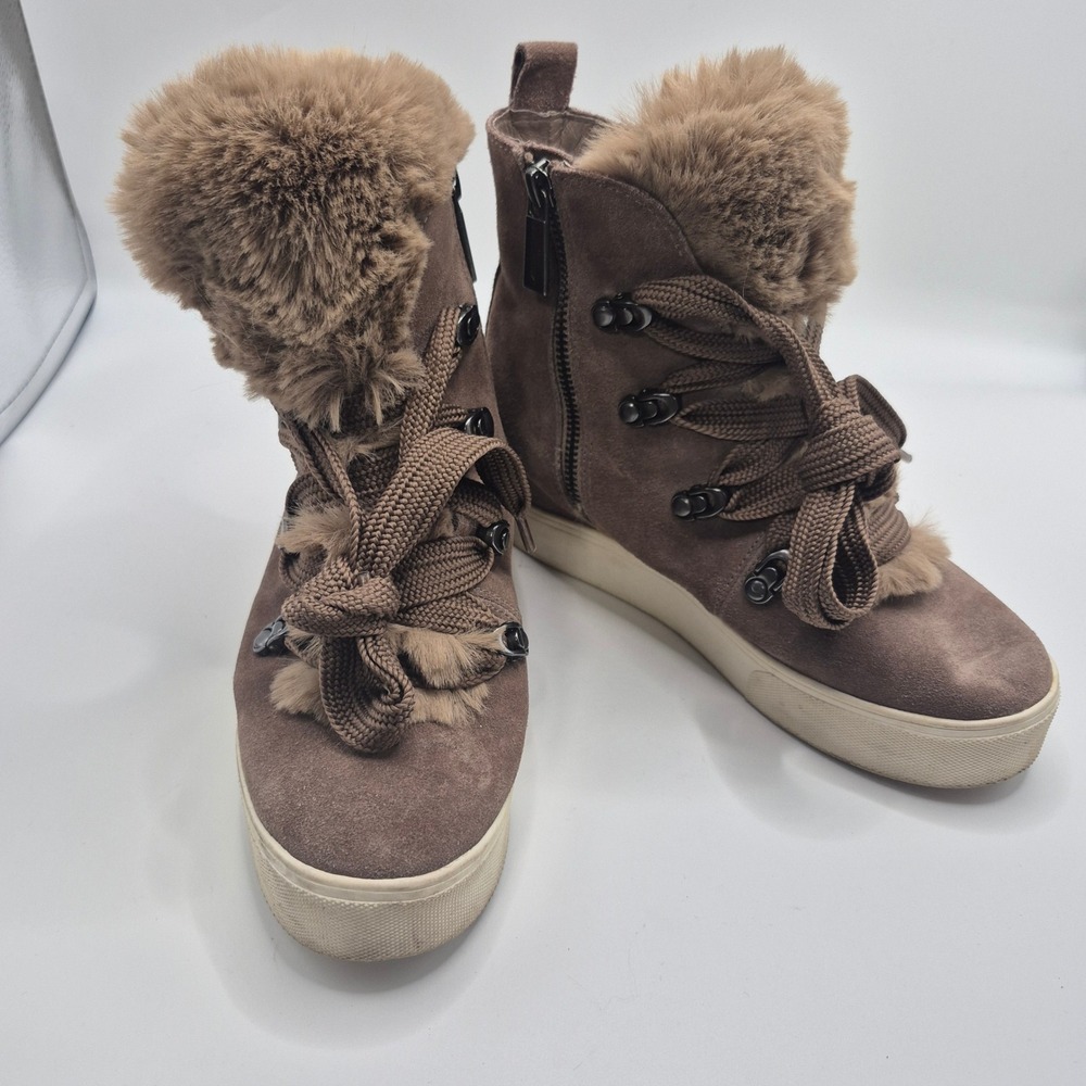 J/Slides NYC Women Taupe Suede Faux Fur Wedge Sneaker Boots Size 6.5M